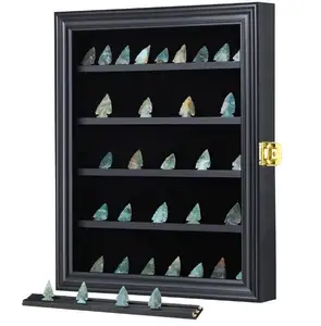 custom Wooden Arrowhead Display Case Shadow Box Wall Mount Collection Display Cabinet with Agate Opal Crystal Stone Spear