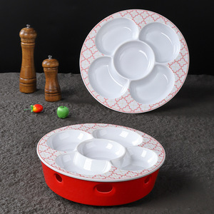 Bandeja de servir de melamina con 5 compartimentos, redonda, con diseño rojo y blanco, irrompible, para uso en hoteles y restaurantes. - Product Image 3