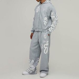 Sweat-shirt à capuche gris chiné à imprimé floral, pantalon de survêtement à motif floral sur toute la surface, ensemble de survêtement deux pièces personnalisé pour homme - Product Image 4