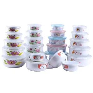 Set mangkuk Enamel dengan tutup plastik penyimpanan dapur untuk pencampur buah mangkuk khusus digunakan untuk membuat Salad