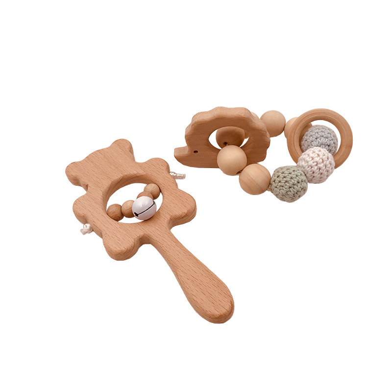 Natural Harmless Beech Wood Molar Stick Rattle Baby Toy Teether