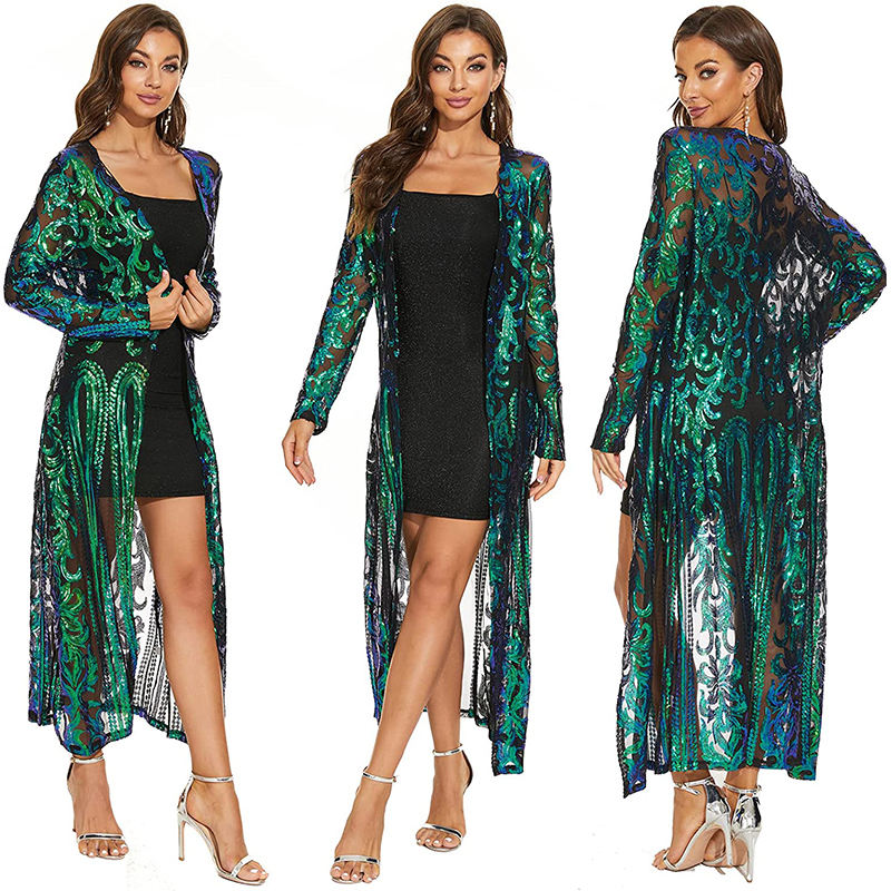 Peacock green sequin long duster blazer jacket