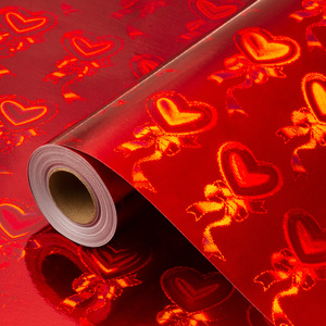 Red Metallized Gift Wrapping <b>Paper</b> Heart And Ribbon <b>Pattern</b> Waterproof For Packaging And Craft Use - Product Image 1
