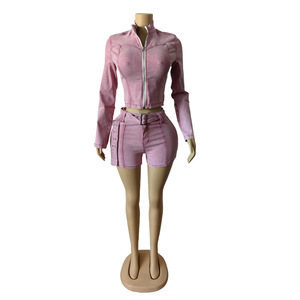 Set di Shorts alla moda primavera autunno <span class=keywords><strong>donna</strong></span> in Denim giacca corta con cerniera elasticizzata <span class=keywords><strong>Jeans</strong></span> 2 pezzi giacca in Denim Y2K Set due pezzi da <span class=keywords><strong>donna</strong></span> - Product Image 4
