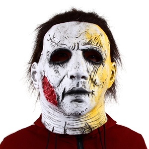Masque intégral en latex craquelé demi-jaune demi-blanc, cheveux foncés, cicatrice sanglante, drôle, original, tendance, pour Halloween, cosplay, fête - Product Image 1