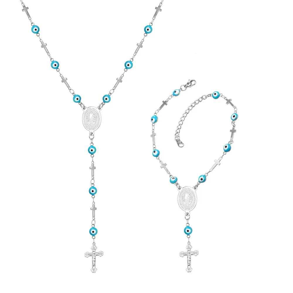 Duyizhao Chapelet Collier et bracelet de perles avec breloques croix yeux bleus Acier inoxydable Bijoux de mode pour femmes Chaîne de vêtements