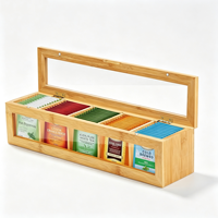 Organisateur de sachets de thé en bambou en gros, 8 compartiments, couvercle transparent, logo personnalisé OEM, boîte de rangement de thé naturelle pour hôtel, café, bureau, commerce de détail