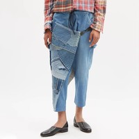 OEM ODM Pantalon en jean asymétrique patchwork pour homme, style tablier, avec mousqueton tactique et sangle, coupe courte, Sashiko Boro Harem