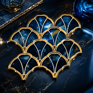 <span class=keywords><strong>Mosaico</strong></span> di Lusso Impermeabile a Forma di Ventaglio in Vetro Blu e Metallo Dorato per Decorazione di Pareti Interne di Hotel, Bagni e Hall - Product Image 4