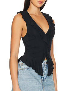 Camiseta sin mangas con volantes y cuello en V de talla grande para mujer, camiseta informal holgada, Color sólido, moda Sexy de verano, la mejor opción - Product Image 3