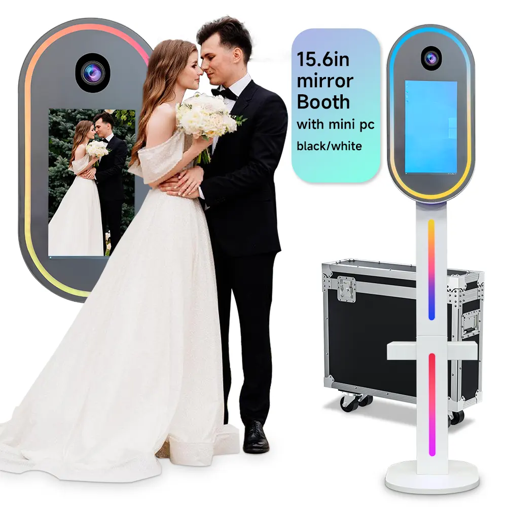 Selfie portátil ovalado DSLR pantalla táctil 15,6 pulgadas espejo mágico video cabina de fotos máquina autoservicio con cámara e impresora