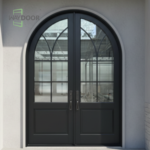 Полностью индивидуальная высококачественная современная входная дверь из массива красного дерева и дуба с матовым стеклом и арочной формой для домов, двойная дверь из цельного дерева - Product Image 5