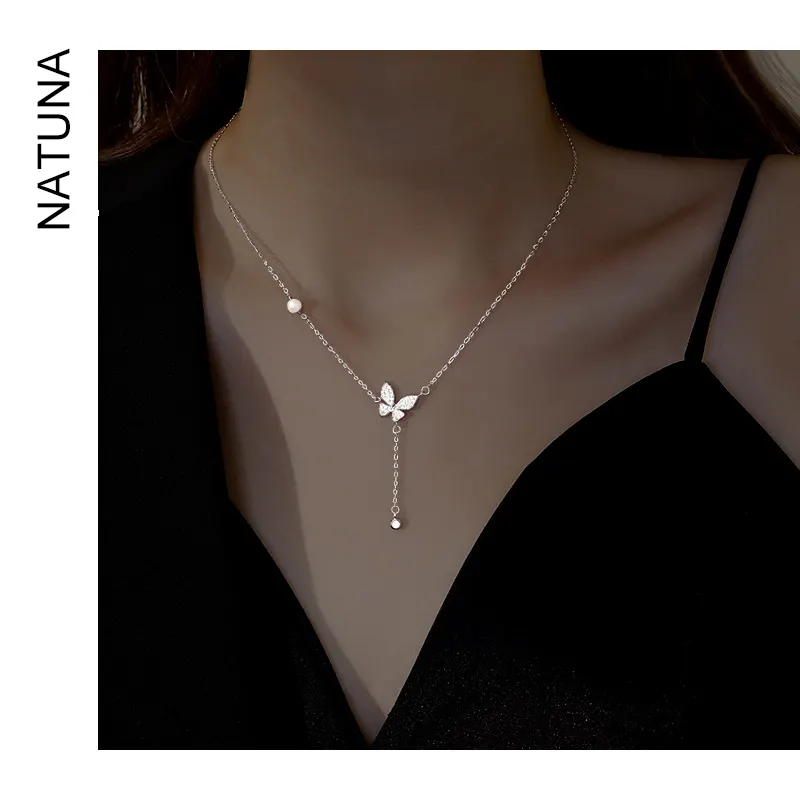 Natuna – collier de perles papillon imperméables en argent 925, Long collier de Zircon, pendentif pour femmes