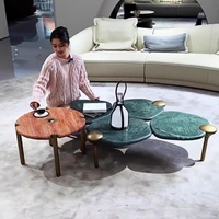 Ensemble de table basse haut de gamme plateau en pierre de travertin naturel avec base en acier inoxydable table basse en marbre pour hall de villa et d'hôtel