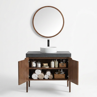 Miroir de salle de bain Turio Roma au design moderne, meubles de salle de bain avec comptoir en travertin, armoire en contreplaqué à grain de bois naturel, panneau en mélamine
