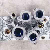 Ensemble de bijoux classique pour femmes en cristal de zircon bleu foncé carré, 3 pièces, collier, bague, pour mariage, fête, plaqué rhodium, tendance, cadeau pour femmes