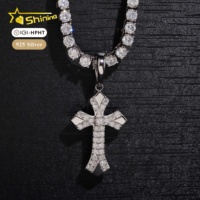 Pendentif en argent S925 plaqué or blanc, motif croix, serti de diamants de laboratoire, style hip-hop, bijoux religieux