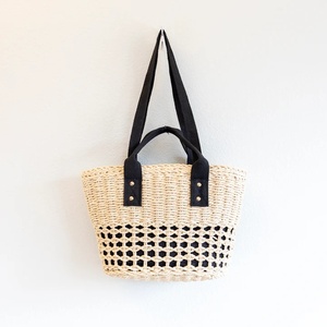 Bolso <span class=keywords><strong>de</strong></span> playa <span class=keywords><strong>de</strong></span> paja tejido a mano <span class=keywords><strong>de</strong></span> la UE, ecológico, cesta <span class=keywords><strong>de</strong></span> verano con asa <span class=keywords><strong>de</strong></span> lona negra, bolso artesanal para compras y vacaciones - Product Image 5