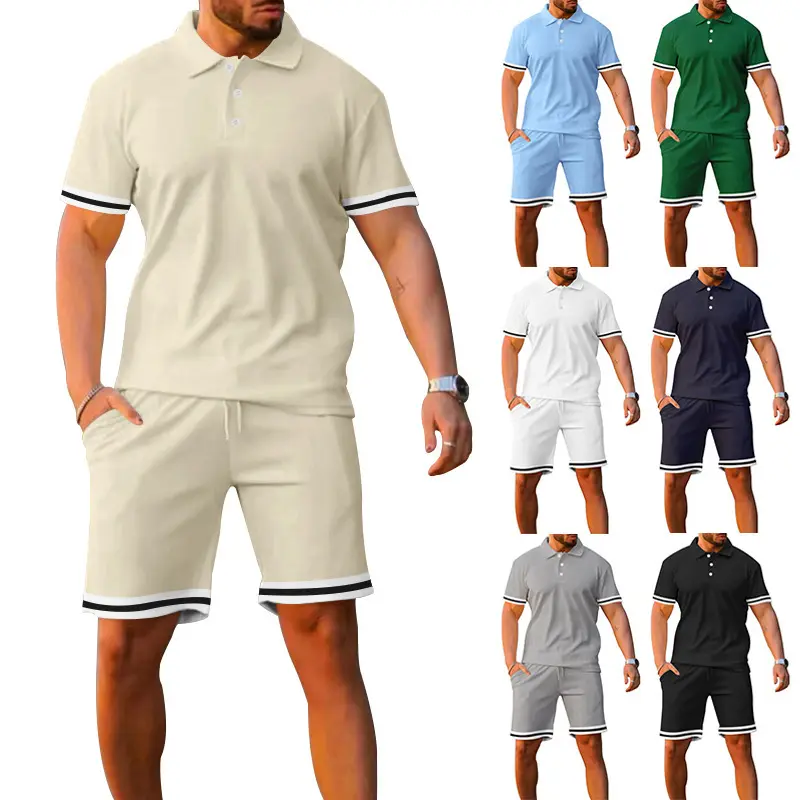 Conyson yaz rahat tasarımcı sıcak satış özel giyim erkekler Logo Polo T Shirt şort düz renk erkek düğmesi iki adet erkekler Set