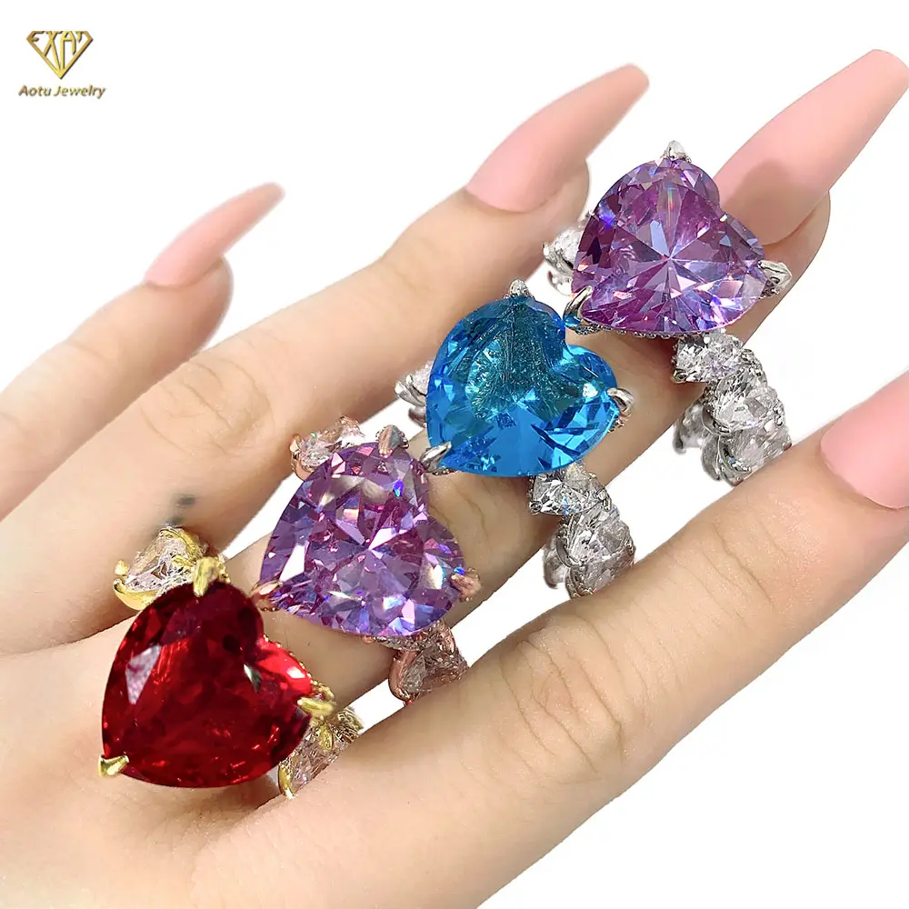 Fashion jewelry woman rings Hug CZ Diamond Pink Red Blue Purple Big Heart shaped zircon ring