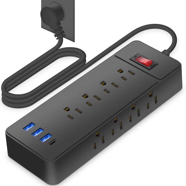 8 US Socket Outlet Surge Protector Power Strip Extension Flat Plug Power Strip 3USB+1Type C for USA, Canada, Mexico