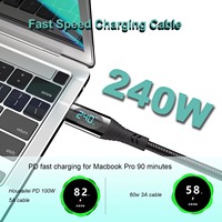 Kabel pengisi daya Cepat USB C 240W, kabel pengisian daya cepat, USB C tembaga murni 4 kaki 12M, dengan tampilan LED untuk iPhone untuk Laptop PD pengisi daya