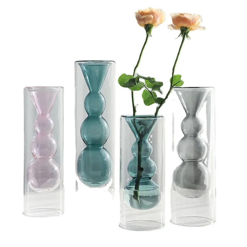 Vase en verre de forme de gourde colorée simple Offre Spéciale Double vase en verre clair pour la décoration de bureau