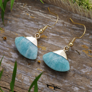 Natural Stone Fan Shaped Drop Earrings Geometric Design Amazonite Rose Quartz Bezel Setting <b>Light</b> Luxury Style Jewelry - Product Image 2