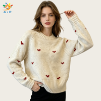 AJB OEM Pull en maille pour femme en mélange polyester et laine, motif cœur, col rond, manches longues, décontracté, pour le bureau