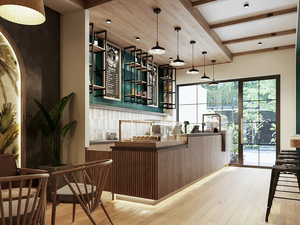 Diseño de interiores moderno para cafetería, mostrador de bar personalizado para cafetería, muebles de madera para tienda de dulces, decoración comercial para tiendas. - Product Image 4