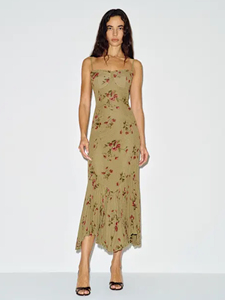 Abito lungo da donna verde oliva con stampa floreale, spalline sottili, pieghettato, vita impero, elegante e casual per la primavera - Product Image 1
