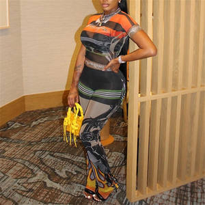 Fashion Patchwork 2-teiliges Set Damen Mesh Durchsichtige Tops Flame Print Skinny Pants Heiße Mädchen Sexy Hipster Outfits - Product Image 2