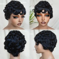 Pelucas de Cabello Humano Corto Estilo Pixie Vietnamita de Kemy Hair Wholesale, Pre-Desenredadas, Rizadas Naturales con Flequillo, Sin Pegamento, para Mujeres Negras