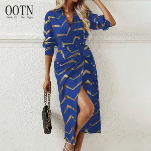 OOTN 2024 Spring Summer Gold Stripe V-Neck Long Sleeve Dress Elegant Waist Split Office Lady Fashion Commuter Dresses