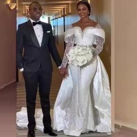 Nouvelle Robe de Mariée Style Européen et Américain, Épaules Dénudées, Paillettes, Manches Longues, Traîne Élaborée, Robe de Mariée Principale