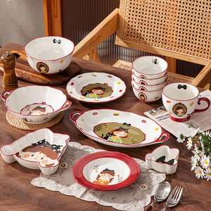 Juego de vajilla de cerámica de Color bajo vidriado desechable para el hogar para fiesta bonita de chica moderna, plato para comer, cuenco de arroz de dibujos animados - Product Image 4