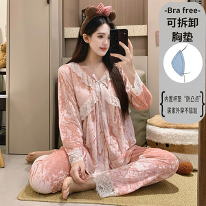 Conjuntos de ropa de dormir B2571 # Pijamas de otoño e invierno Terciopelo dorado para mujer con almohadilla en el pecho Pijamas de color sólido de encaje - Product Image 3