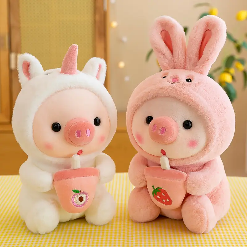 Wholesale Soft Plushie Doll Animal Pink Boba Pearls Bubble Milk Tea Cup Stuffed Plush Hugging Small Pig Toy Pillow