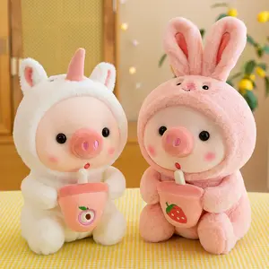 Commercio all'ingrosso Soft Plushie Doll Animal Pink Boba Pearls Bubble Milk Tea Cup peluche ripiene che abbraccia il piccolo cuscino giocattolo di maiale
