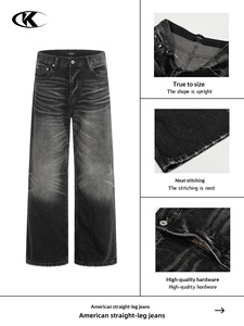 Jeans de Mezclilla Negra Estilo Americano Original, Cintura Media, Retro, Lavado, Holgados, Casuales, Rasgados, de Pierna Recta y Ancha para Hombre y Mujer, 11KN - Product Image 2