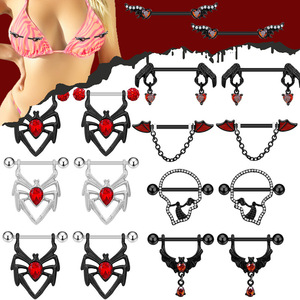 YICAI Punk Acero inoxidable arañas murciélago pezón <span class=keywords><strong>Piercing</strong></span> negro Halloween corazón ala arañas Barbell pezón anillo para mujer hombre - Product Image 1