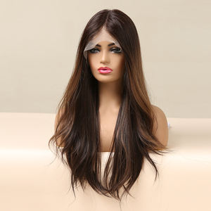 Pelo libre 13x6 HD U Peluca de encaje Fibra sintética Future Peluca suave natural Recta Marrón oscuro Rayas Ombre Peluca mixta - Product Image 3