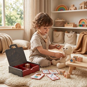 Mallette de jeu de rôle de <span class=keywords><strong>docteur</strong></span> en <span class=keywords><strong>bois</strong></span> Montessori personnalisée avec outils médicaux, cube d'association éducatif STEM et cartes flash des symptômes - Product Image 3