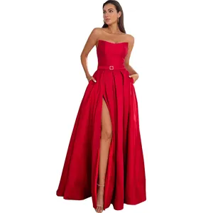 Elegant Modest A Line Strapless Red Satin Long Prom Dresses with High Slit Formal Graduation Evening Dresses with Pocket