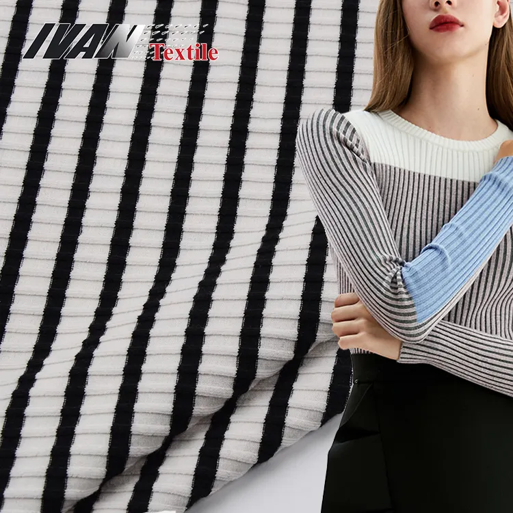 White black stripe 7*3 rib yarn dyed stretch CVC cotton knit spandex fabric for winter garment