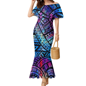 Robe Décontractée Femme Grande Taille à Volants et Épaules Dénudées, Motif Tribal Polynésien Personnalisé Îles du Pacifique, MOQ 1, Idéale pour le Dropshipping - Product Image 4