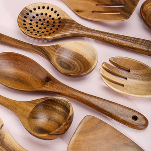 Ustensiles de cuisine en bois d'acacia naturel en gros : spatules et cuillères avec support en bois pour poêles et gadgets de cuisine - Product Image 4