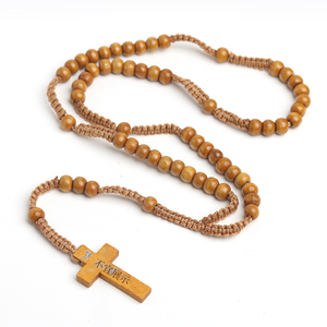 Vente en gros de chapelet catholique croisé Collier de prière en perles de bois naturel Collier musulman islamique Rosar Jésus Pendentif croix tissé à la main - Product Image 6