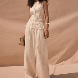 Conjunto de Lino Casual de Verano 2025 al por Mayor: Chaleco Rayado sin Mangas con Cuello en V y Botones y Pantalón de Pierna Ancha para Mujer - Product Image 4
