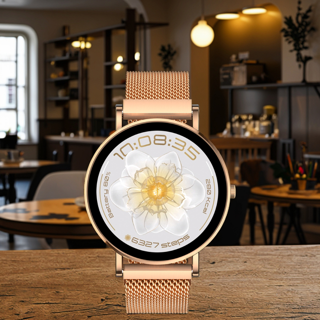 New AMOLED AM28 1.32inch Gold Smart Watch with Sleep Menstrual Cycle Tracking Female Health Drainage Ladies Smartwatch for Women